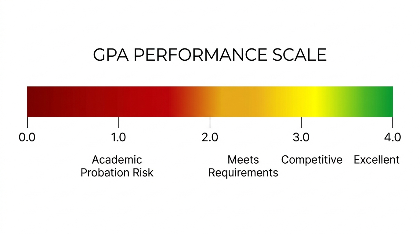 Visual GPA scale from 0.0 to 4.0 with color coded zones from red at the low end through yellow in the middle to green at 3.5 and above, showing GPA benchmarks for different academic goals
