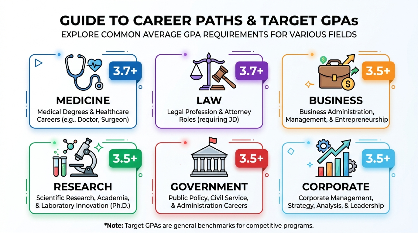 Infographic showing GPA requirements for different career paths and graduate programs including medical school, law school, MBA, PhD programs, and federal government jobs with color coded targets