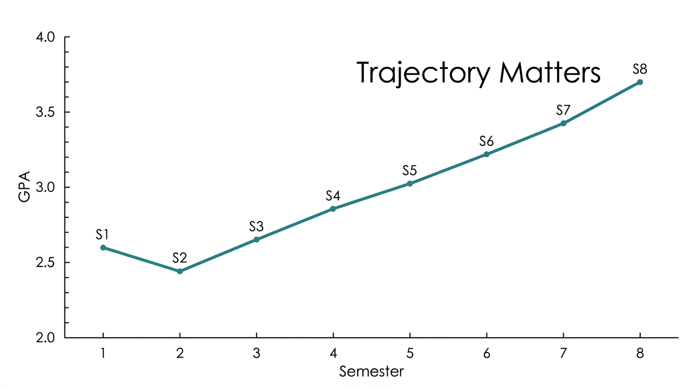 Upward trending GPA chart showing a student's grades improving from 2.6 in freshman year to 3.7 in senior year, with each semester marked as a data point on the recovery trajectory