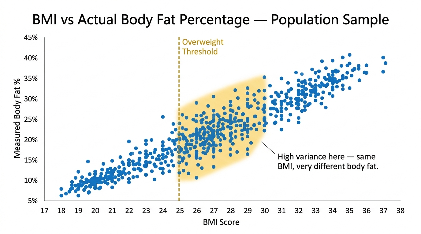 Scatter plot showing the relationship between BMI scores and directly measured body fat percentage for a population sample, with wide scatter in the overweight BMI range illustrating that identical BMI scores correspond to very different actual body fat levels