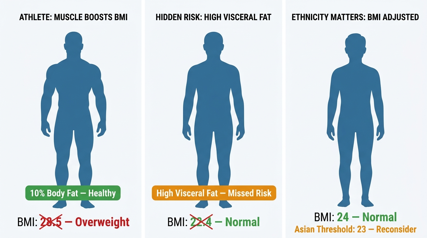 Three-panel comparison illustration showing first a muscular athlete incorrectly labeled overweight by BMI, second a person with normal BMI but high visceral fat labeled as a missed metabolic risk, and third a person of Asian descent where lower BMI thresholds apply for accurate risk assessment