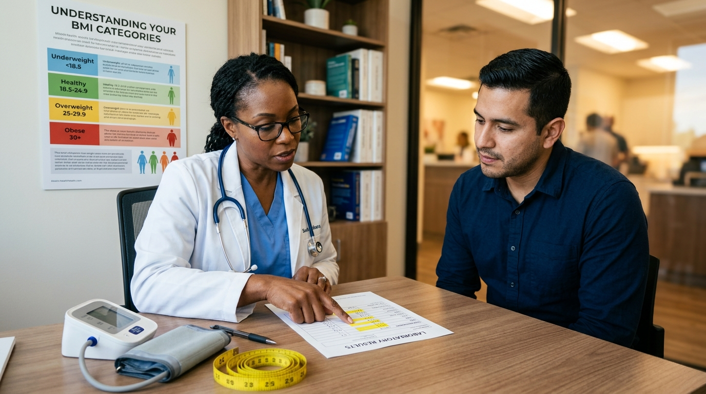 Person in a clinical setting discussing health metrics with a doctor who has multiple measurement tools on the desk including a tape measure, blood pressure cuff, and printed lab results shown alongside a BMI reference chart on the wall