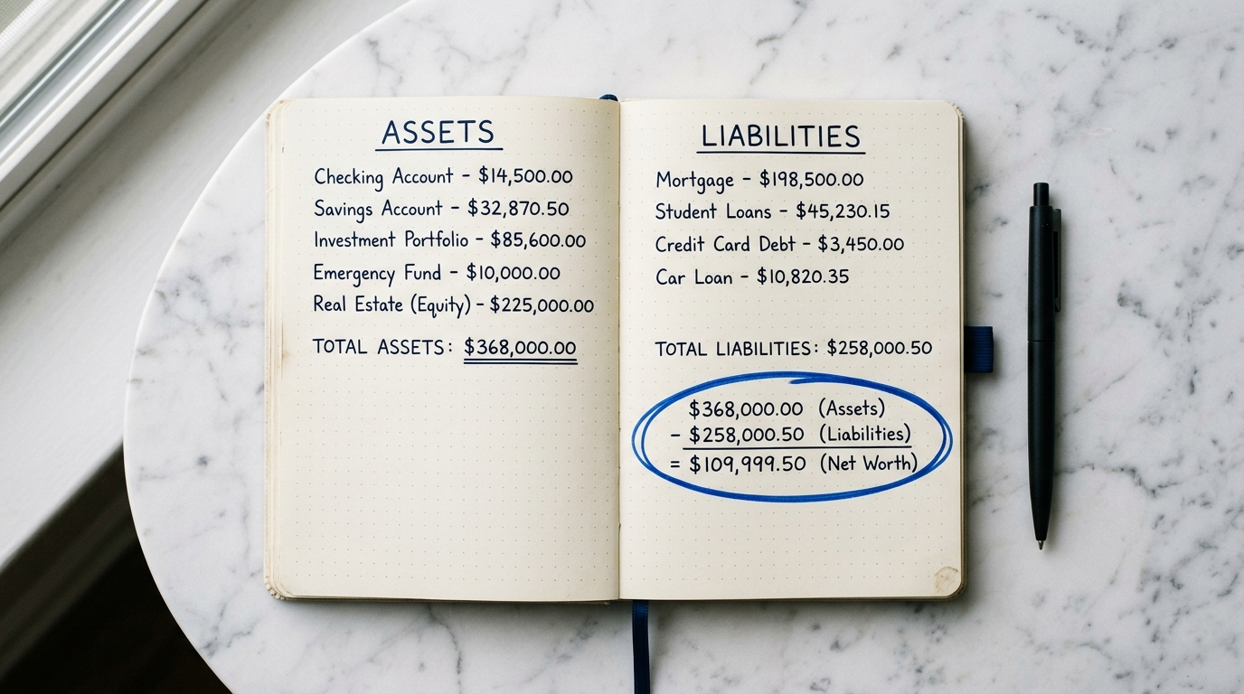 Hand-drawn style net worth worksheet with two labeled columns for assets and liabilities, showing a step-by-step subtraction formula to arrive at total net worth