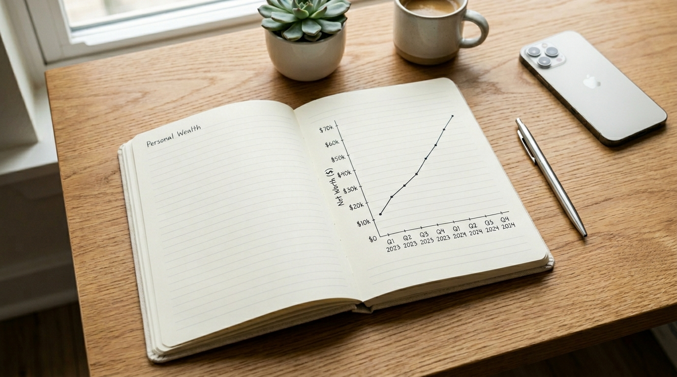 Minimalist open financial journal on a wooden desk beside a pen and smartphone showing a net worth progress line chart tracking growth over eight quarters