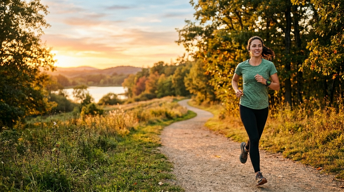A runner jogging at an easy conversational pace outdoors with a heart rate monitor showing a zone 2 reading, illustrating low-intensity aerobic cardio training