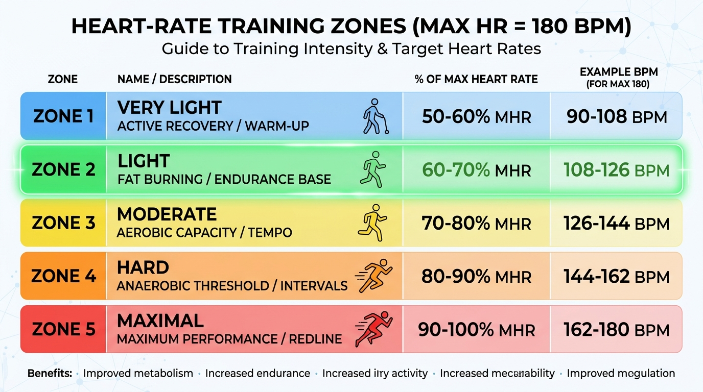 Color-coded chart of the five heart rate training zones from very light to maximal, with zone 2 highlighted at 60 to 70 percent of maximum heart rate