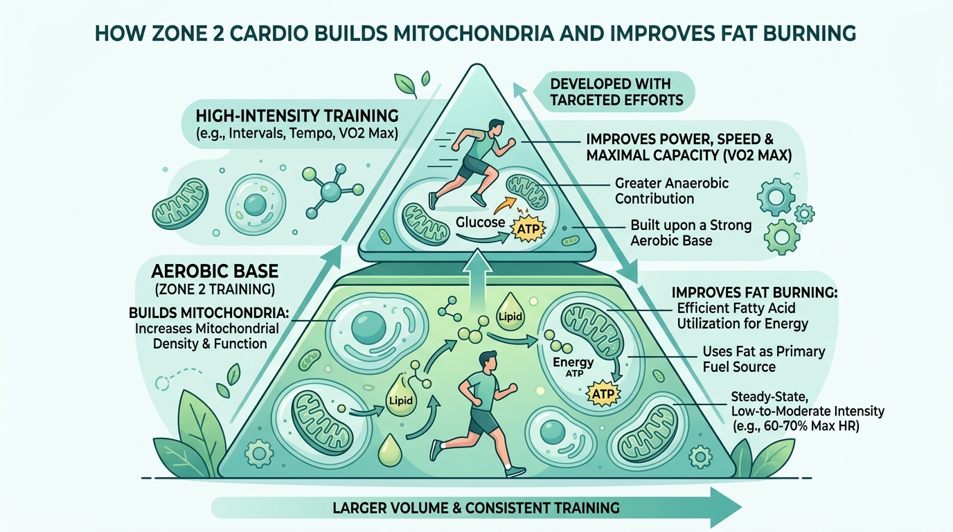 Illustration of how zone 2 cardio builds mitochondria and improves fat burning, forming the aerobic base beneath higher-intensity training