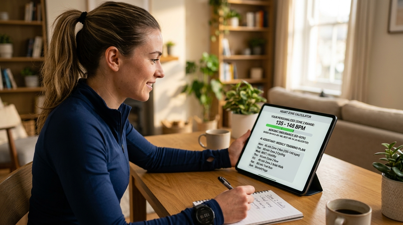 Person checking their personalized zone 2 heart rate range and weekly training plan with an AI assistant on a heart rate zones calculator